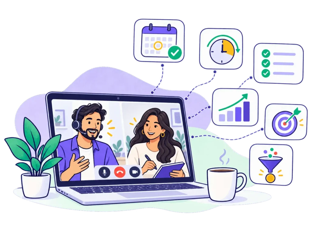 Illustration of an online strategy call with a calendar, checklist and goals