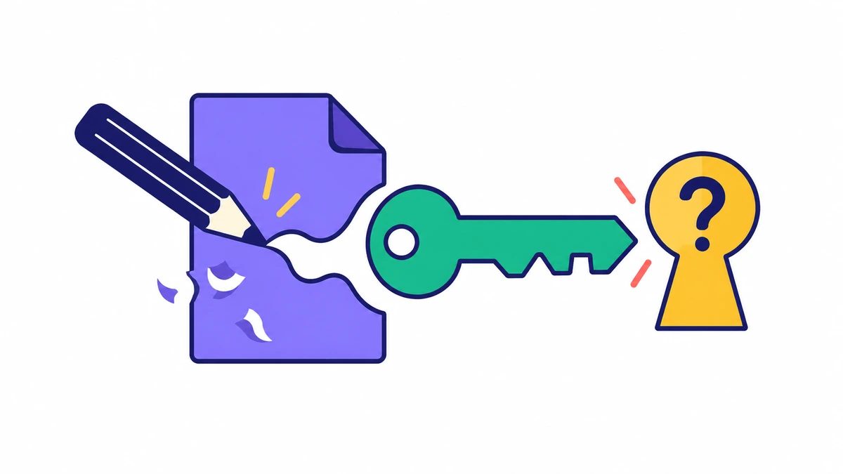 Pencil shaping a page beside a key and question-shaped keyhole