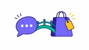 Speech bubble connected to a shopping bag by a green bridge