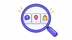 Magnifying glass highlighting a question, location pin and shopping bag